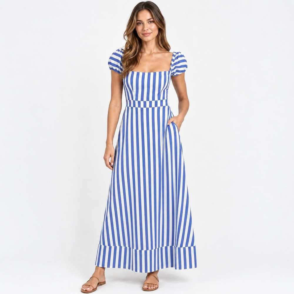 Iorane Blue White Striped Off Shoulder Smocked Maxi Dress Size 38 S